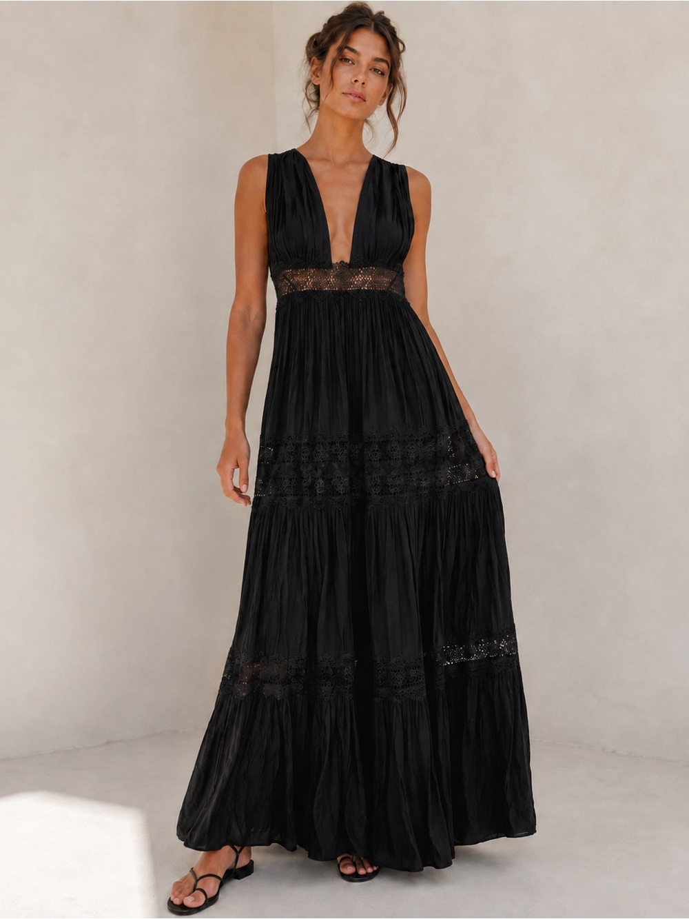 Magali Pascal Black Lace Inset Maxi Dress Size L